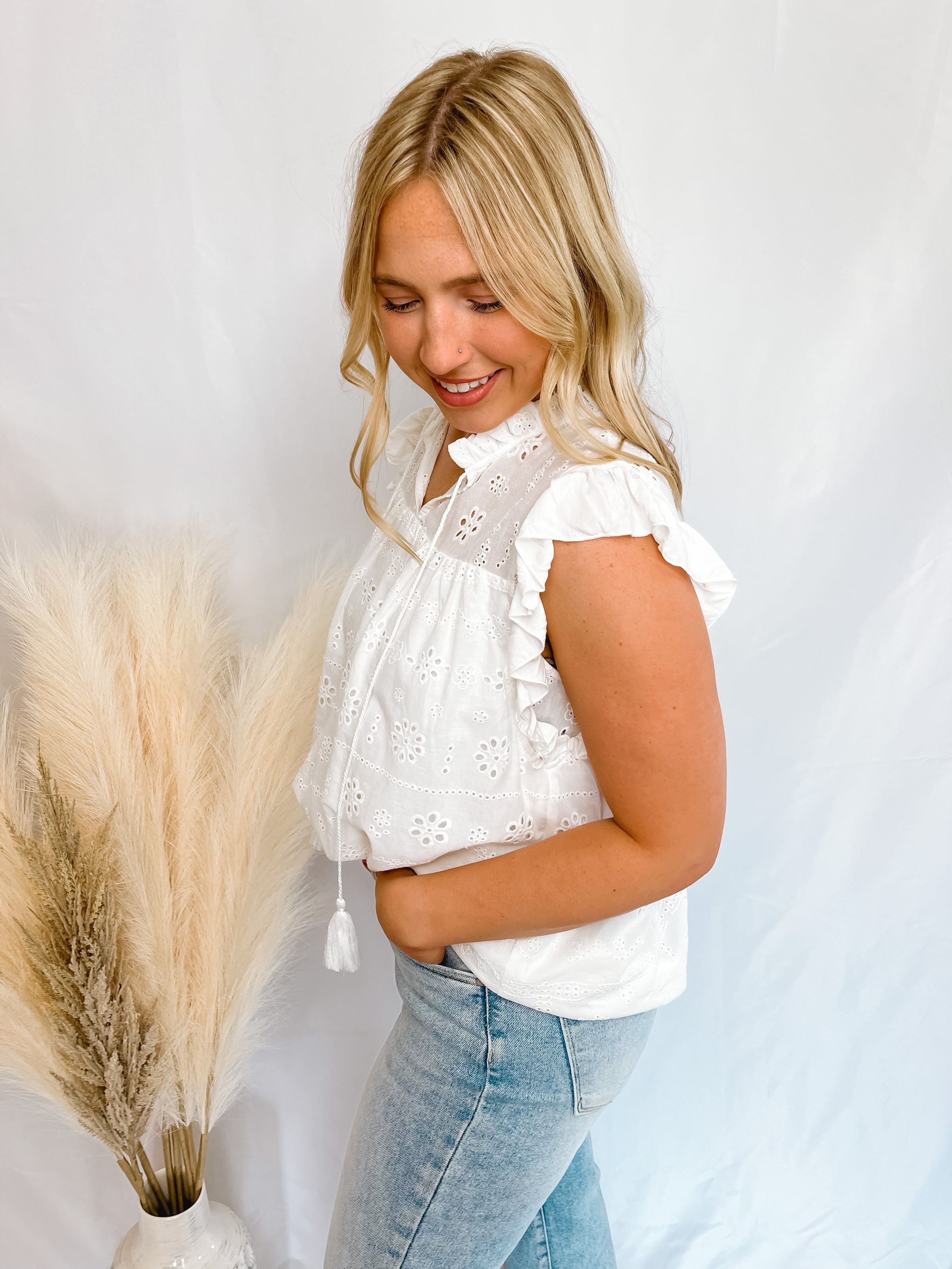 Walking On Sunshine White Eyelet Top