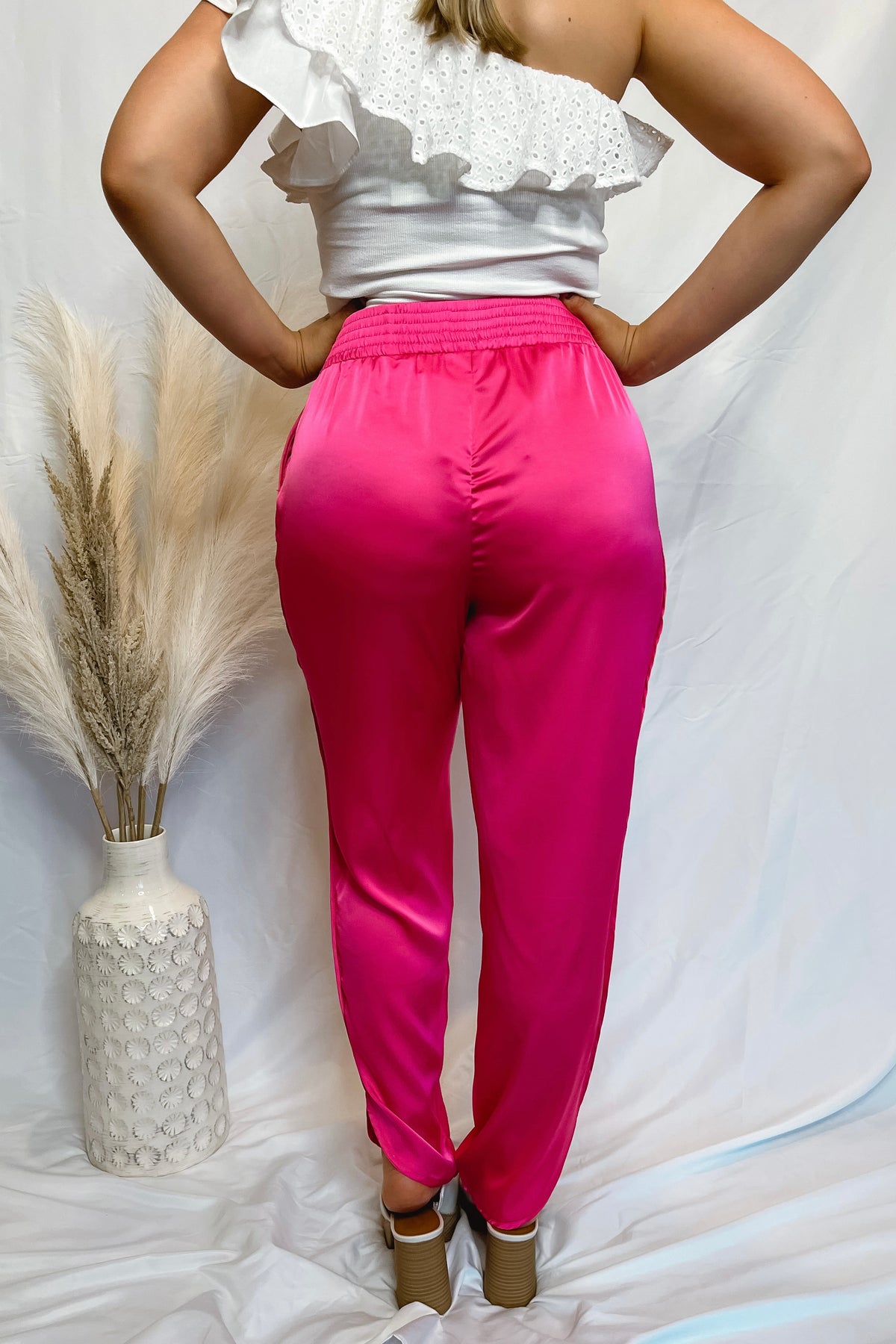 Showstopper Hot Pink Smocked Satin Pants