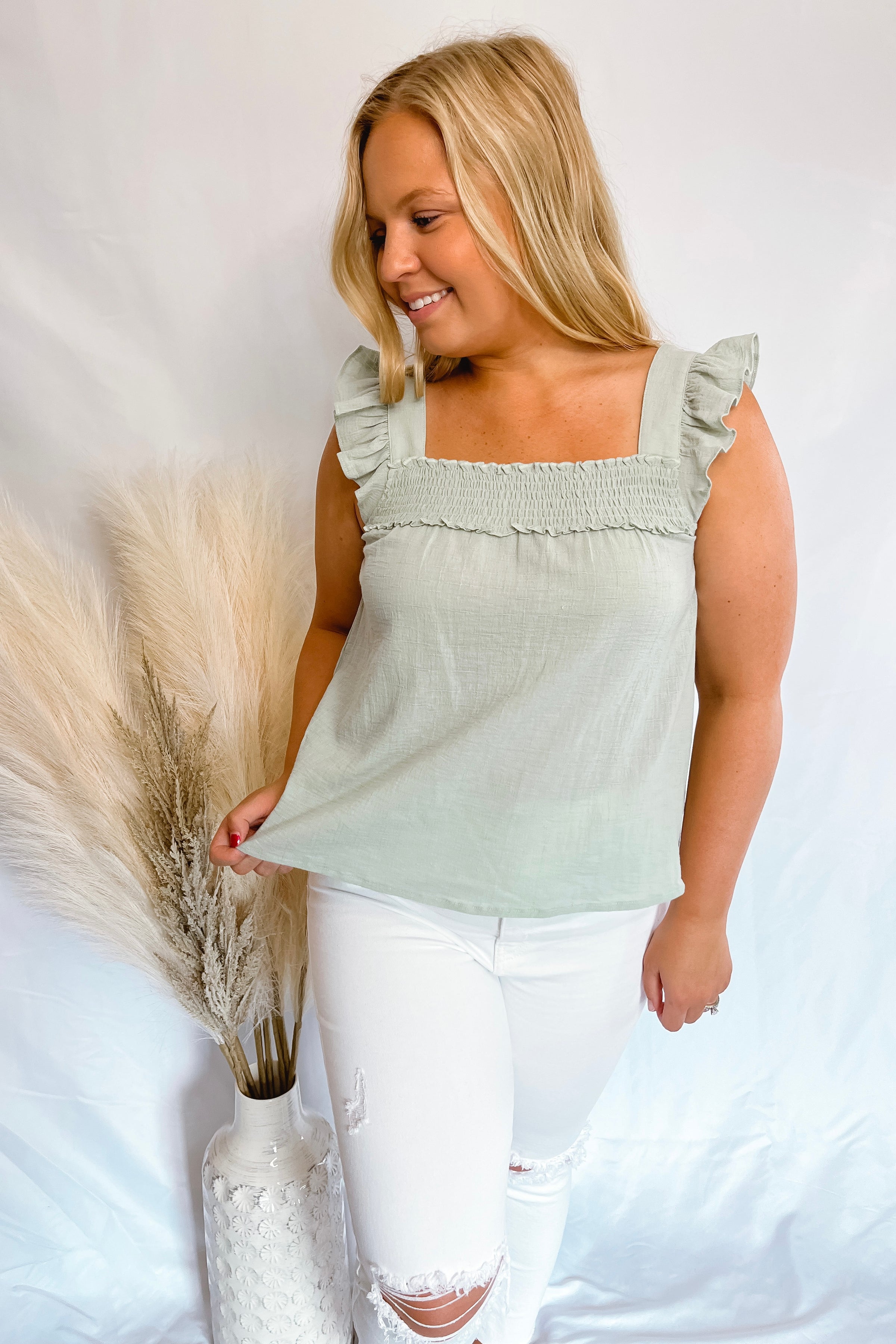 Sunny Delights Sage Smocked Ruffle Tank