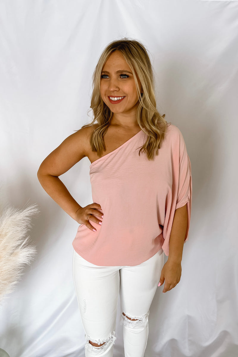 Flirty And Thriving Blush One Shoulder Top