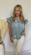 Stunning Vibes Chambray Ruffle Sleeve Top