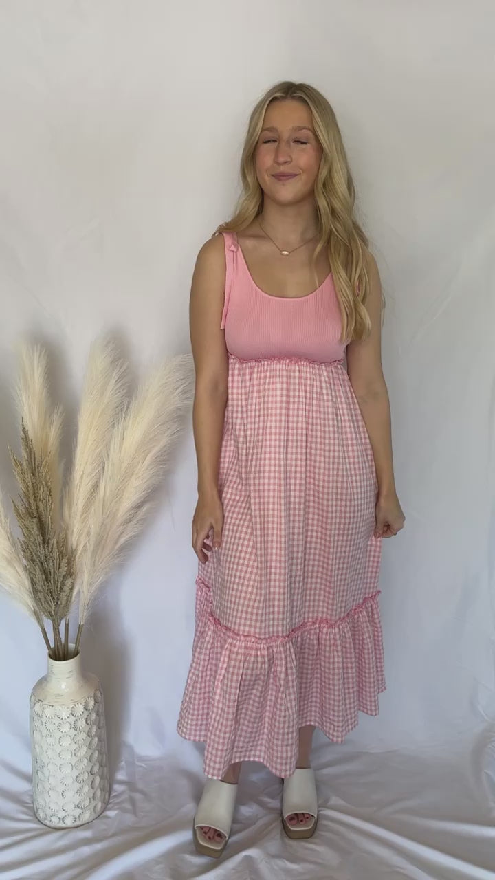 Blossoming Fields Pink Gingham Midi Dress
