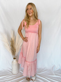 Blossoming Fields Pink Gingham Midi Dress