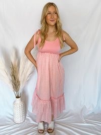 Blossoming Fields Pink Gingham Midi Dress