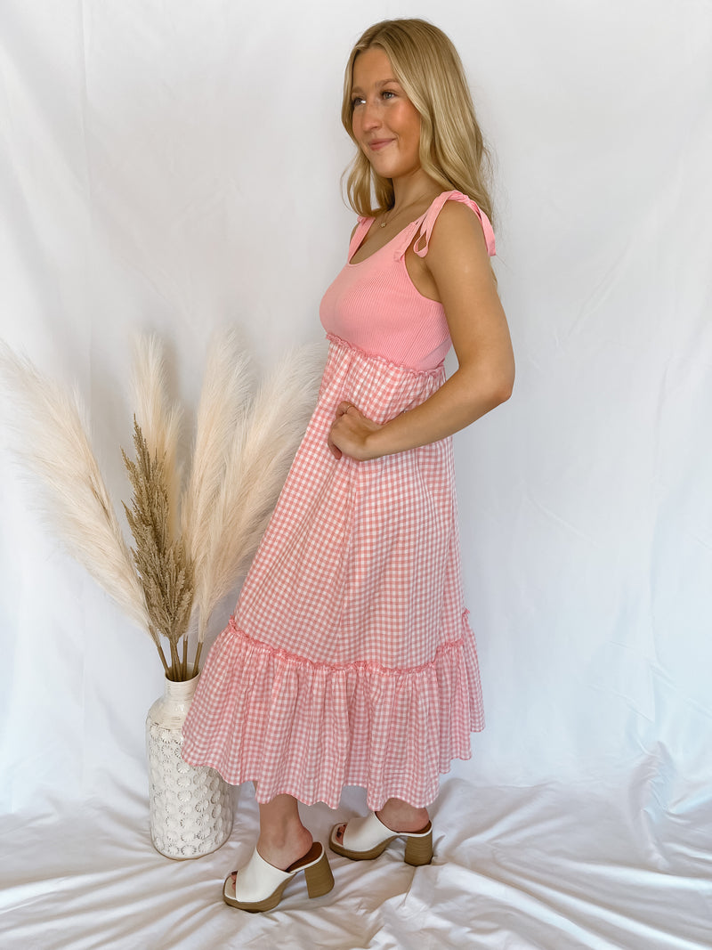 Blossoming Fields Pink Gingham Midi Dress